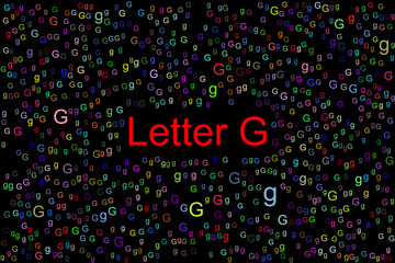 Letter G with tiny colorful letters G all over the place. The title latter G is in red color and the background is black.