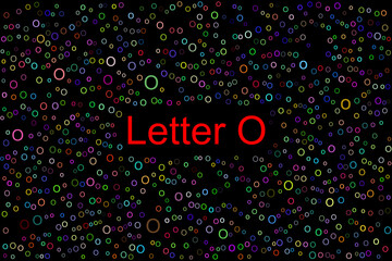 Letter O with tiny colorful letters O all over the place. The title latter O is in red color and the background is black.