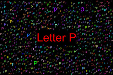 Letter P with tiny colorful letters P all over the place. The title latter P is in red color and the background is black.
