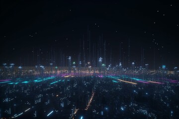 city on new planet at night, colored space, lights in the sky, generative ai - obrazy, fototapety, plakaty
