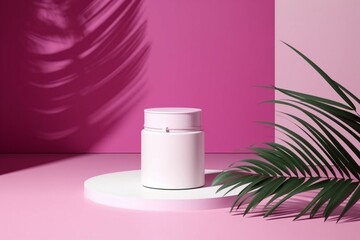 Obraz na płótnie Canvas Abstract minimal scene of a geometrical form. A cylindrical white podium on a magenta background with a shadow of tropical palm leaves. Scene to show cosmetic podructs. Showcase,. Generative AI