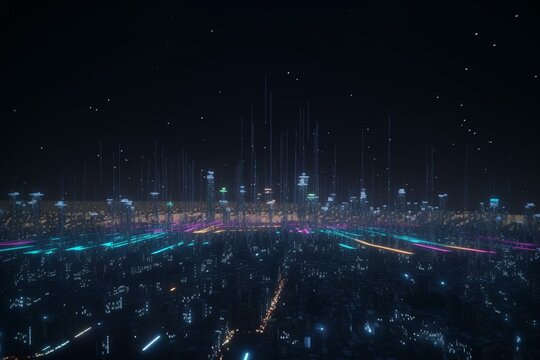 city on new planet at night, colored space, lights in the sky, generative ai