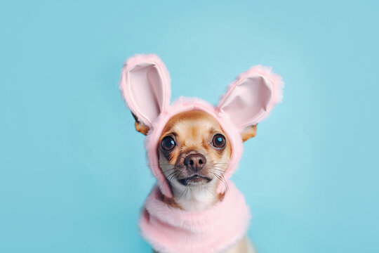 Small dog wearing Easter bunny costume ears on blue background. Generative AI