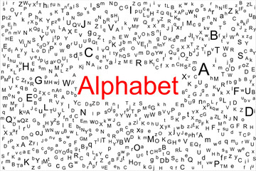 Tag cloud of English alphabet letters with big red word Alphabet in the middle. All the characters black and the background is white.