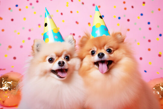 Two Pomeranian dogs with birthday party hats on pink background with confetti. Generative AI
