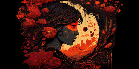 Red and black abstract illustration with a woman's face and nature. Red flowers. City in the background. Generated Ai.