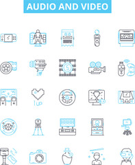 audio and video vector line icons set. Audio, Video, Sound, Music, Podcast, Radio, Broadcasting illustration outline concept symbols and signs