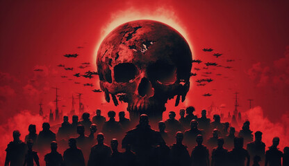 The conspiracy of the rulers of the world. Military silhouettes at war. Skull poster. Manipulation and crowd control. World War. Ecological catastrophy. Sanctions. Generative AI