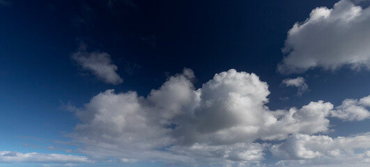 Błękitne niebo z białymi chmurami. Naturalne niebo jako tło. Piękne białe chmury na niebieskim niebie. Tekstura tło. Panoramicznie - obrazy, fototapety, plakaty