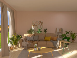 Living room interior design, plant 3d render, 3d illustration