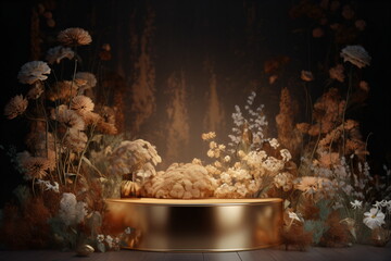 Golden Toned Product Podium with Wild Flowers in Modern Environment. Generative Ai