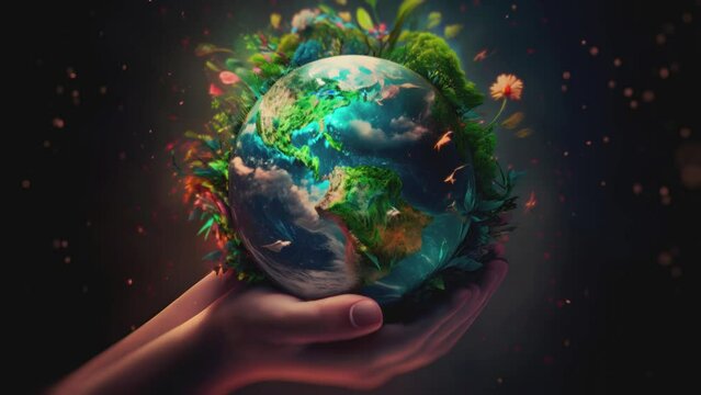 Hands hold an Animated globe of the Earth with stylized flowers and plants. Earth Day concept, ecology concept, 3d render