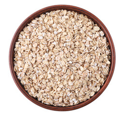 Oatmeal in a brown round plate, top view, close-up, transparent background