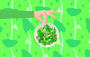Contemporary digital collage art. Hand holding salad plate. Retro style. Eco, bio, vegan concept