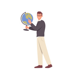 Geography teacher holding earth globe and pointing at continent explaining subject standing on white