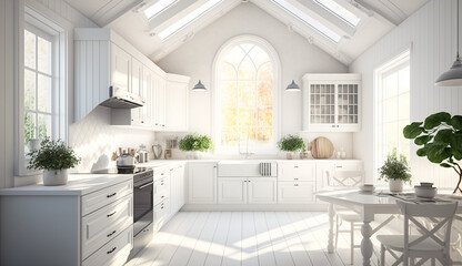 Bright, light-flooded white kitchen with large window, 3D rendering. Generative AI.