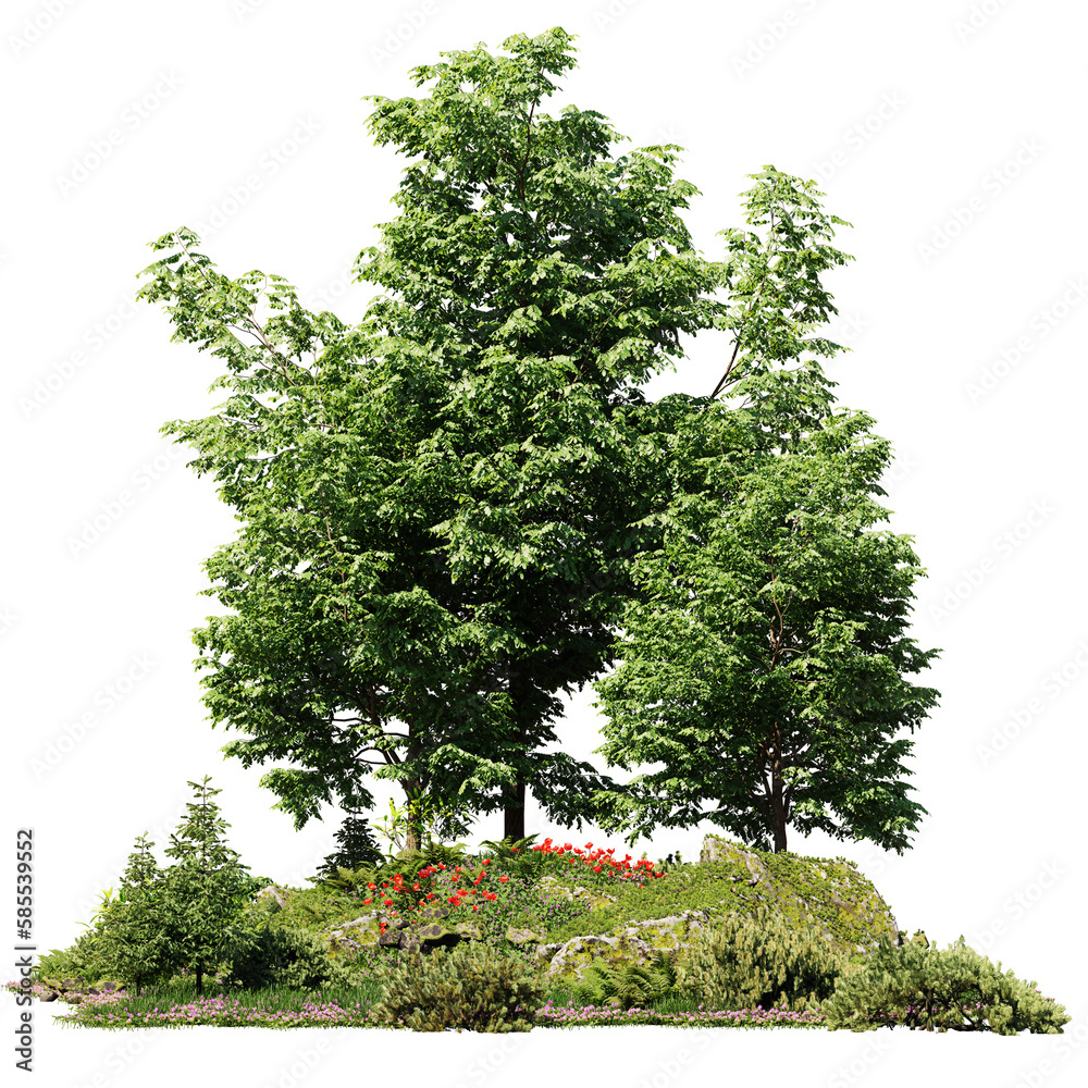Fototapete tree, grass and flowers in a small grove landscape, isolated with empty space on transparent backgro