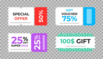 Various coupon promotion illustration set. coupon set, coupons, discount coupon, gift voucher, coupon book. Vector drawing. Hand drawn style