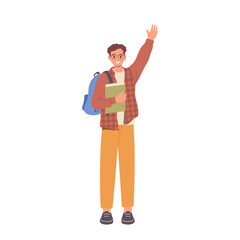 Happy male student in casual clothing with book and backpack waving hand gesturing welcome sign