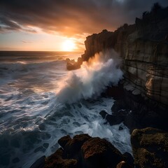 waves crashing over rocky landscape