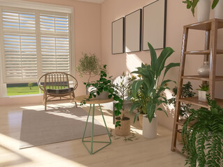 Living room interior design, plant 3d render, 3d illustration