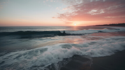 Fototapeta na wymiar wide shot of the ocean as the sun sets. Generative AI