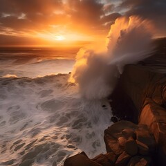 crashing waves over a rocky surface in the sunset
