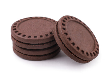 Round chocolate cookies on white background, close up