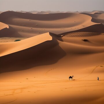 Sand dunes in the desert with a lone camel