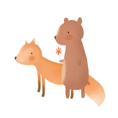Cute Little Fox and Bear Holding Flower. Lovely Nursery Vector Art with Sweet Brown Teddy Bear and Fox on a White Background. Hand Drawn Woodland Print ideal for Card, Wall Art, Poster, Greetings. 