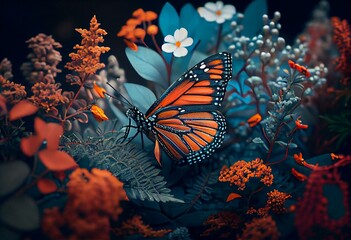 Fototapeta na wymiar Monarch orange butterfly and bright summer flowers on a background of blue foliage in a fairy garden. Macro artistic image. Generative AI