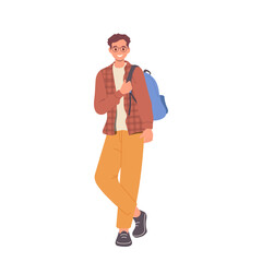 Full-length portrait of happy young teenage male student character ready for education and study