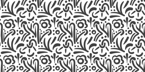 Flowers abstract seamless pattern. Minimal vintage background. Hand drawn black leaves. Simple modern pattern. Monochrome colors plants for textile, covers, fabric, packaging