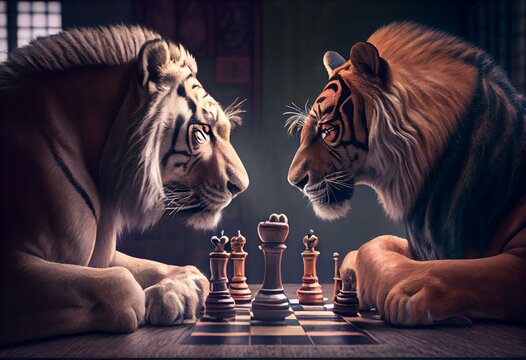 Lion and tiger in suit playing chess ultrarealistic, very detailed. created by AI. Generative AI