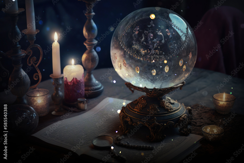 Wall mural magic crystal ball with burning candles on witch table. ai generated