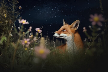 Fototapeta premium Fox in the field at night. AI Generated