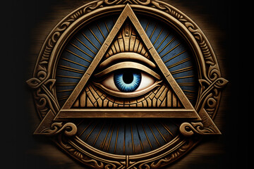Gold All Seeing Eye inside triangle pyramid, sacred geometry, Masonic symbol. AI Generated