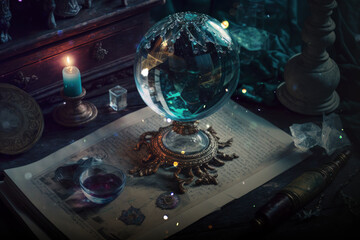 Magic crystal ball with burning candles on witch table. AI Generated