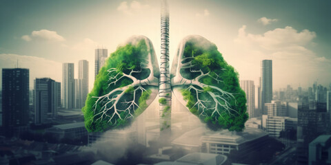 Green lungs with air pollution of city. Breath of Fresh Air. Let's Work Together to Combat City Air Pollution and Keep Our Green Lungs Healthy. Generative AI