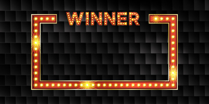 Quiz game night contest show winner banner. Award notice you win in challenge or giveaway in web gambling competition. Lottery label for raffle with answer and text bonus. Vegas event frame.