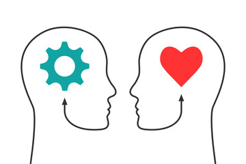 IQ and EQ, emotional and intelligence quotient concept. Head silhouette, gear and heart shape symbol.