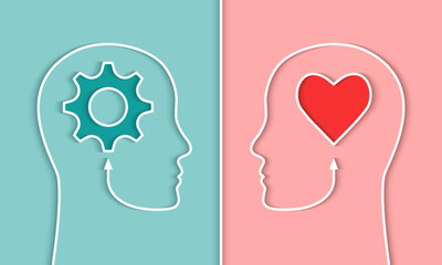 Comparison of IQ and EQ or right and left brain, cerebral hemispheres concept. Head silhouette of a person, gear and heart shape symbol. Emotional versus intelligence quotient, human mind, thinking.