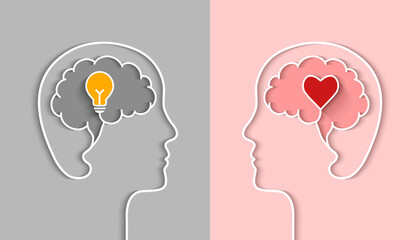 IQ and EQ concept with head silhouette, profile outline, brain, light bulb and heart shape as conceptual symbol. Emotional and intelligence quotient or right and left brain and cerebral hemispheres. - obrazy, fototapety, plakaty