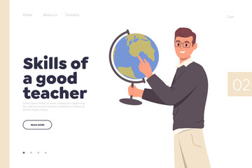 Fototapeta na wymiar Landing page design template with happy geography teacher standing holding earth globe