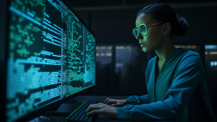 a person working on a computer, hacker, woman in tech, programmer, code, data protection, development, data., Generative  Image, AI