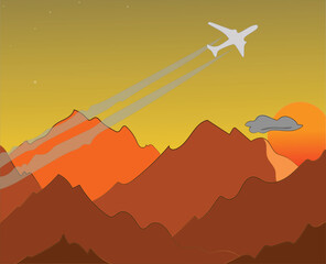 The plane flies over the mountains, sunset behind the mountains, tracers from the plane, twilight, evening, some stars, vector drawing