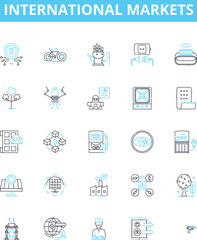 International markets vector line icons set. Global, Overseas, Markets, Commerce, Exchange, Economy, International illustration outline concept symbols and signs