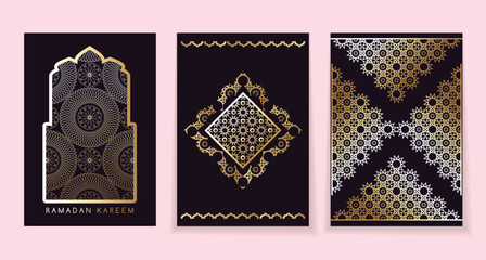 Happy Ramadan Kareem set cards Islamic template design with Crescent, mosque, minaret, Ramadan traditions Islamic Holy Month Beautiful round and square patterns Vector vintage art  illustration