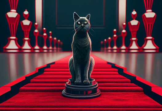 Cat On Red Carpet Winning Oscar Award Illustration Generative Ai