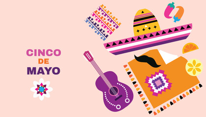 Happy Cinco de mayo festive temolate poster with sombrero, pepper, guitar, firework  Translation from spanish - Cinco de Mayo - May 5 federal holiday in Mexico.Vector modern illustration 